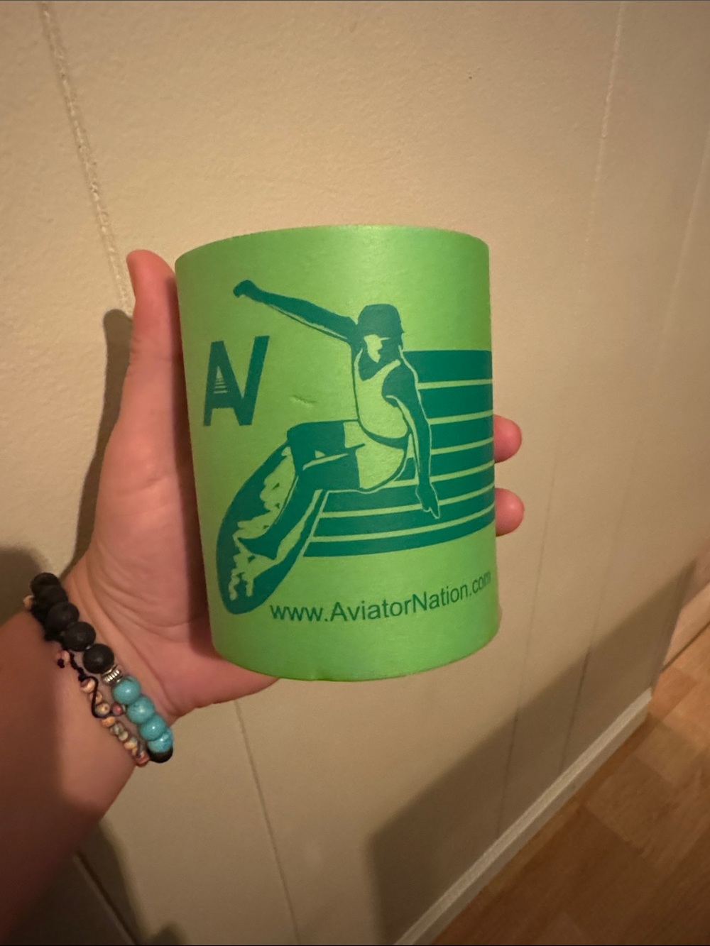 Aviator Nation Neon Green Can Cooler with Teal Surf Graphic